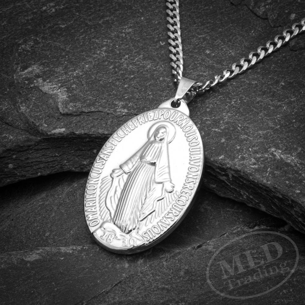 Stainless Steel St Mary Miraculous Medal Pendant Necklace – 1-3/4″, 24” Chain