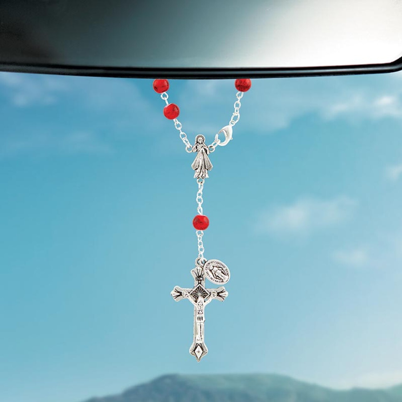 Divine Mercy Auto Rosary – Red Beads – Silver metal