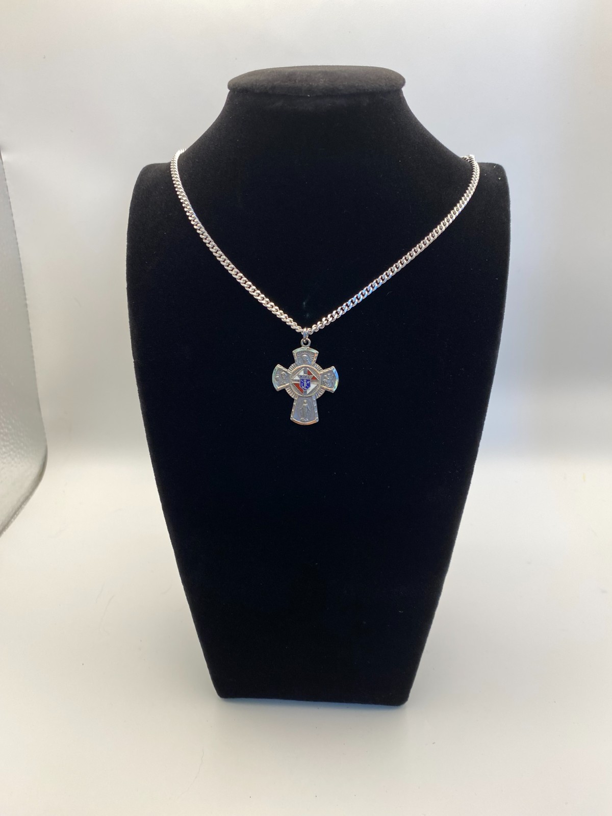 Vintage, New, Knights of Columbus, 4-way Medal, Sterling Silver, With 24″ Chain