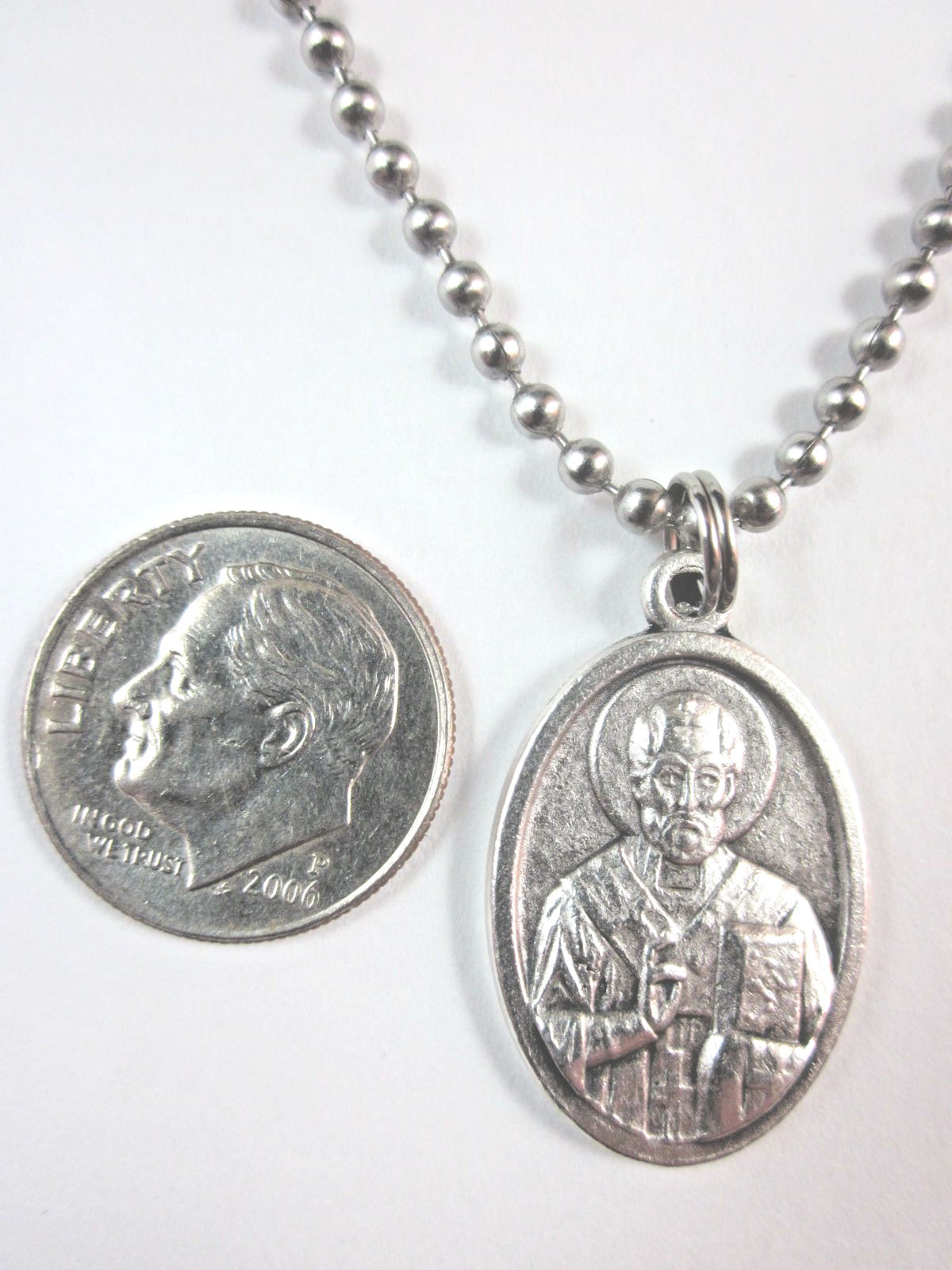 St Nicholas Medal Italy Pendant Necklace 24″ Ball Chain Gift Box & Prayer Card