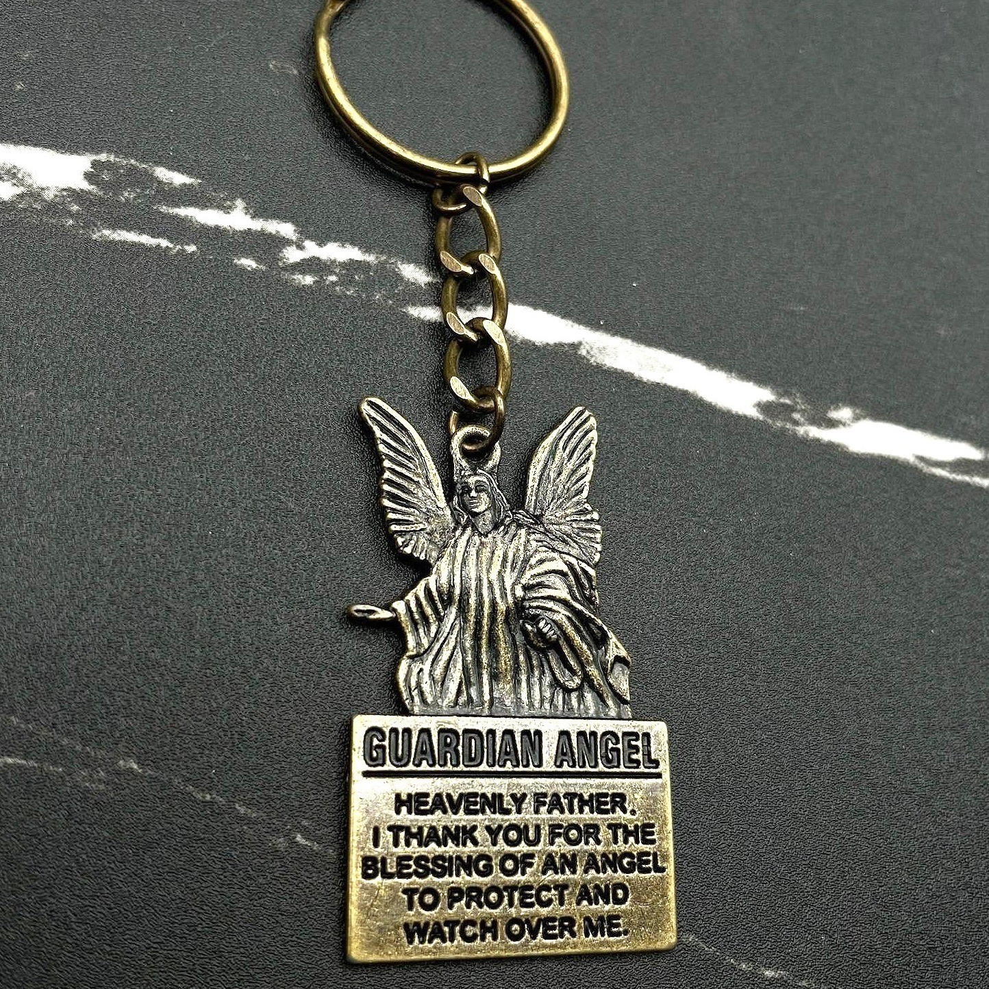 Vintage Guardian Angel Thank You Prayer Religious Classic Medal Keychain