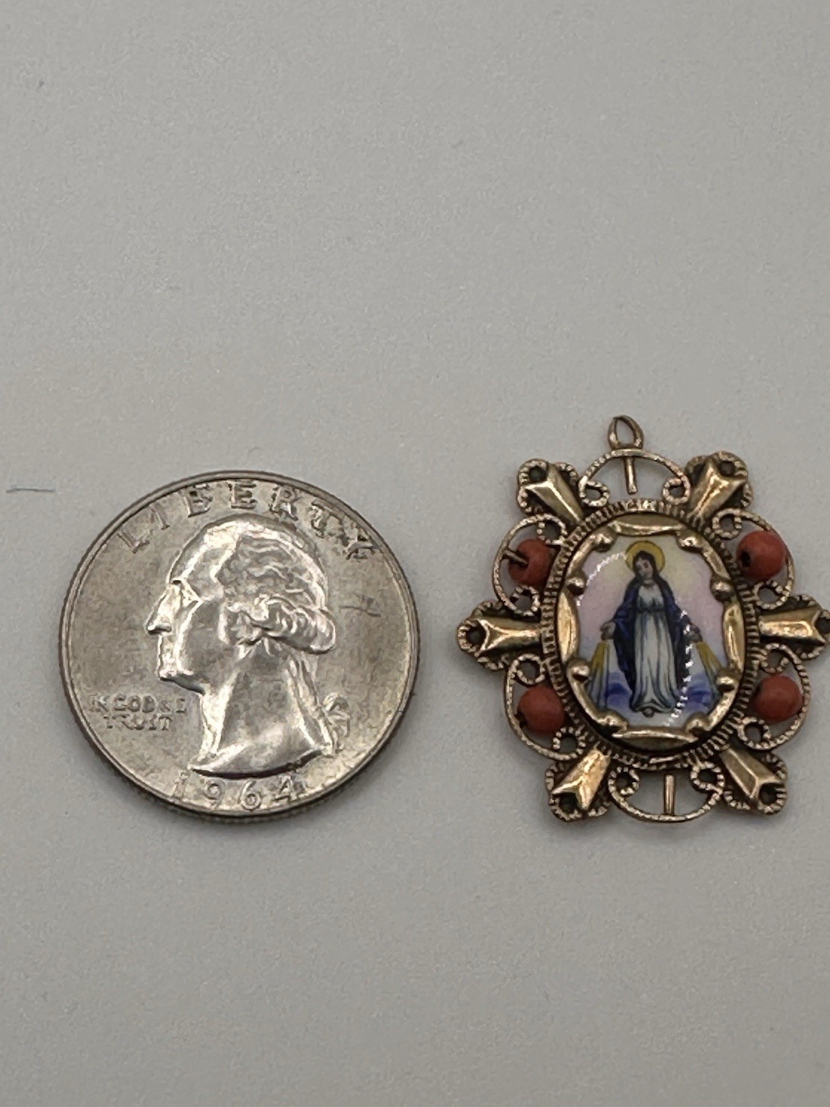 Vintage 10K Gold Miraculous Medal Pendant Enamel Religious Coral? 3g Tested