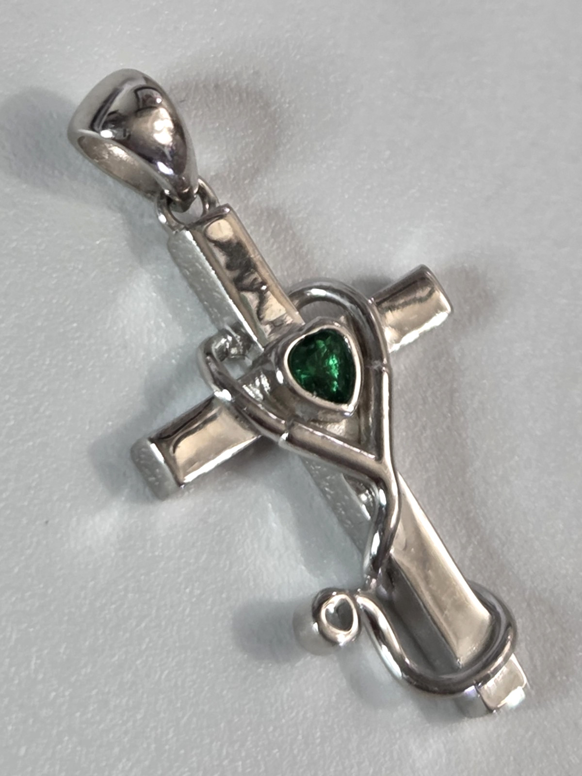 Sterling Silver 925 CROSS Pendant Nurse/Doctor STETHOSCOPE w/Green Stone