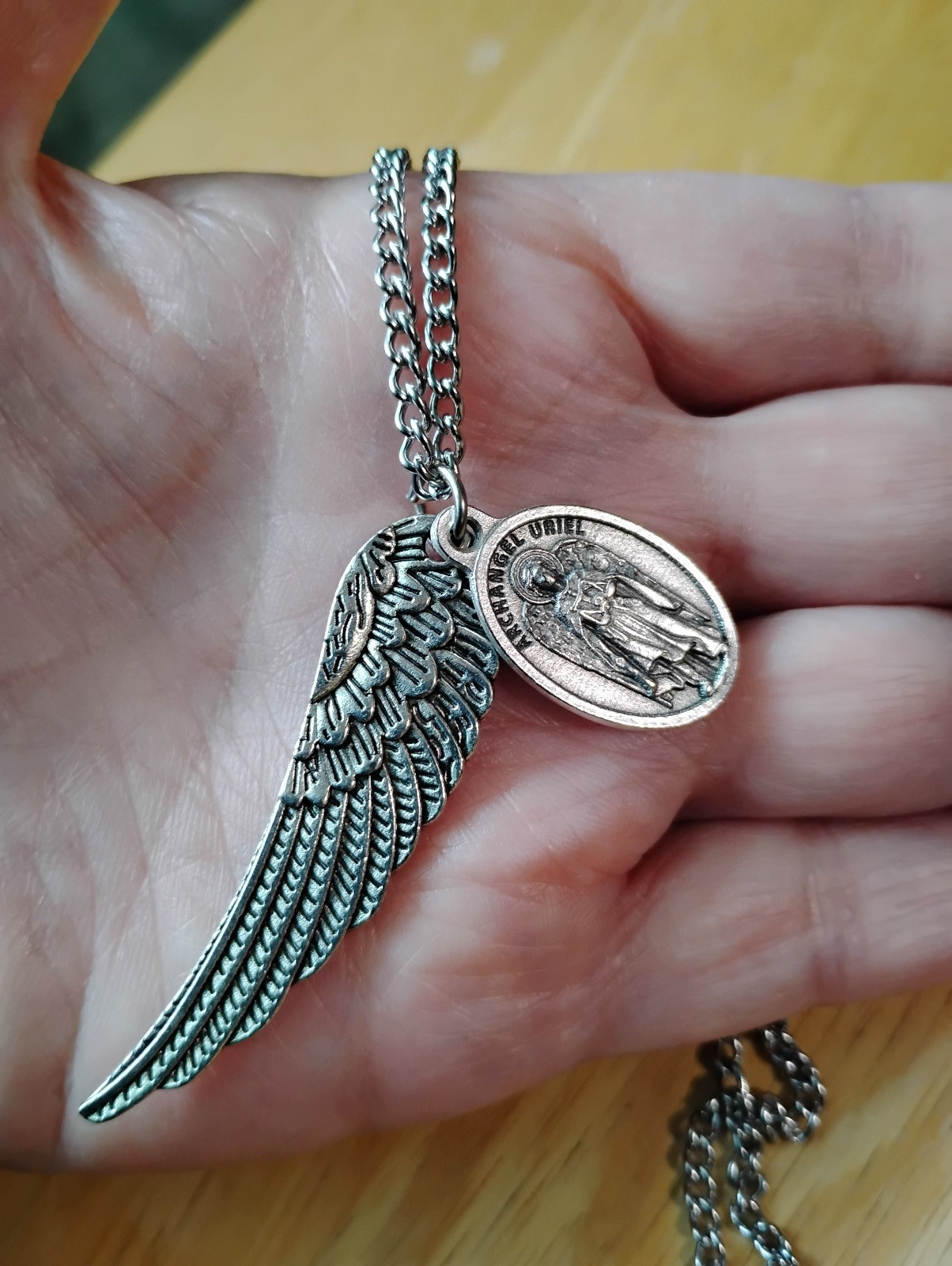 St Uriel Angel Wing Archangel Medal Necklace stainless steel chain