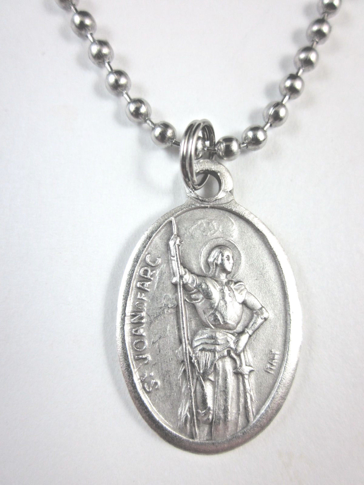 St Joan of Arc Medal Italy Pendant Necklace 24″ Ball Chain Gift Box Prayer Card