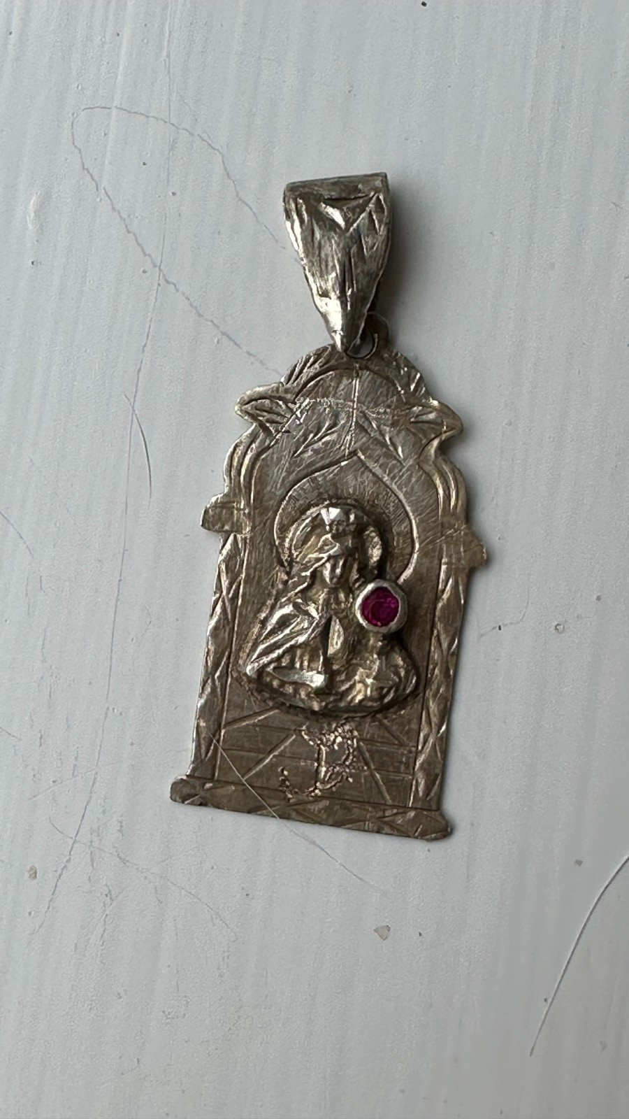 Sterling Silver Saint Barbara “Santa Barbara” 2.3″ Chapel Medal w/Genuine Ruby