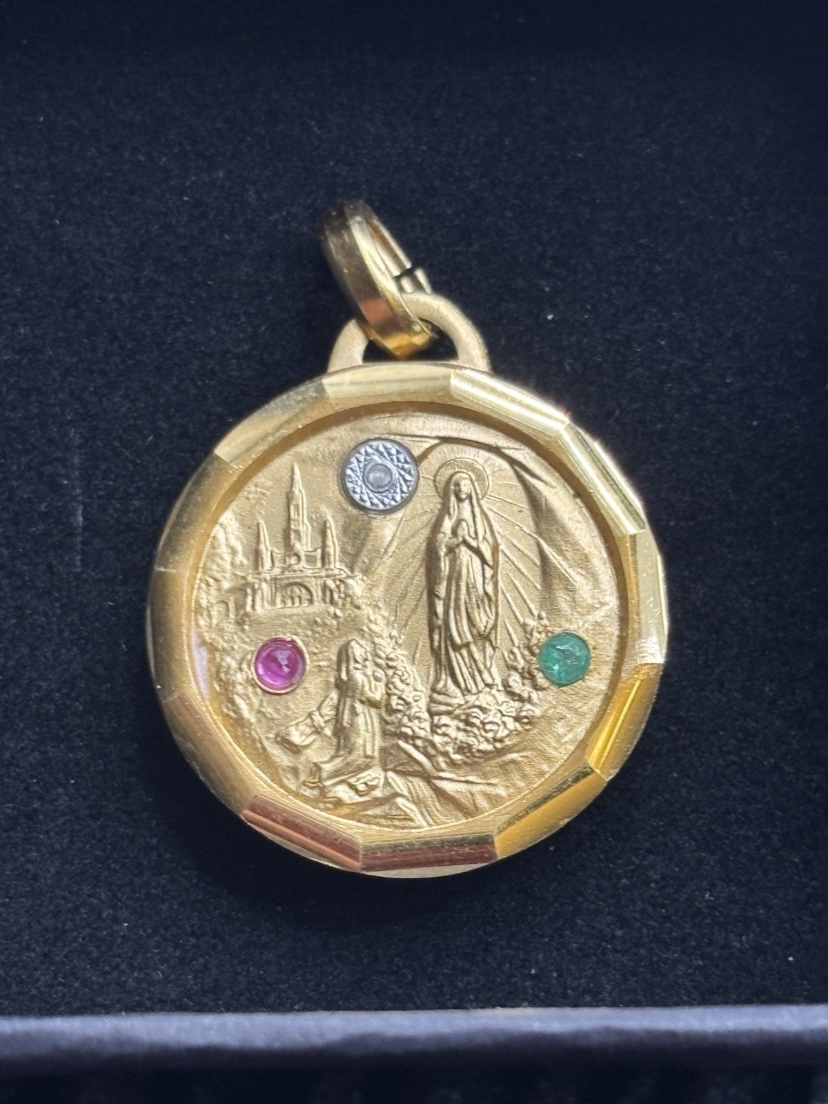 VTG Lourdes Reliquary Medal Pendant Gold Ruby Emerald Soil Water Relic Grotto