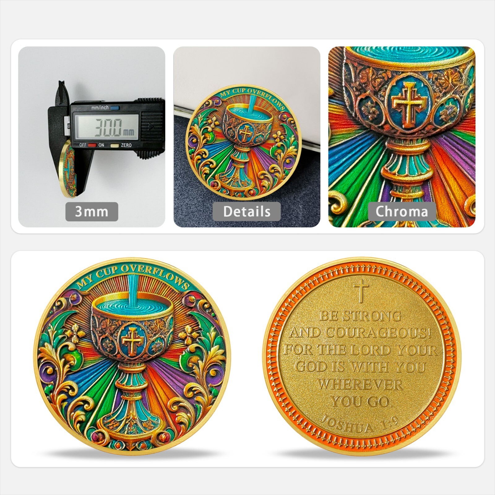 10-Pack Christian Challenge Coins – My Cup Overflows & Joshua 1:9 Faith Tokens