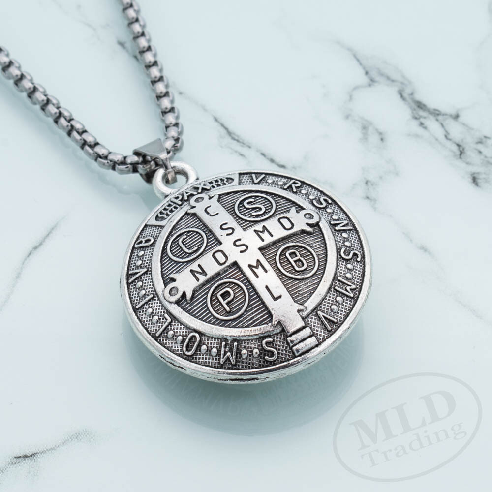 3D Saint St Benedict Medal Thick Pendant Necklace w 24″ Box Chain Silver Tone
