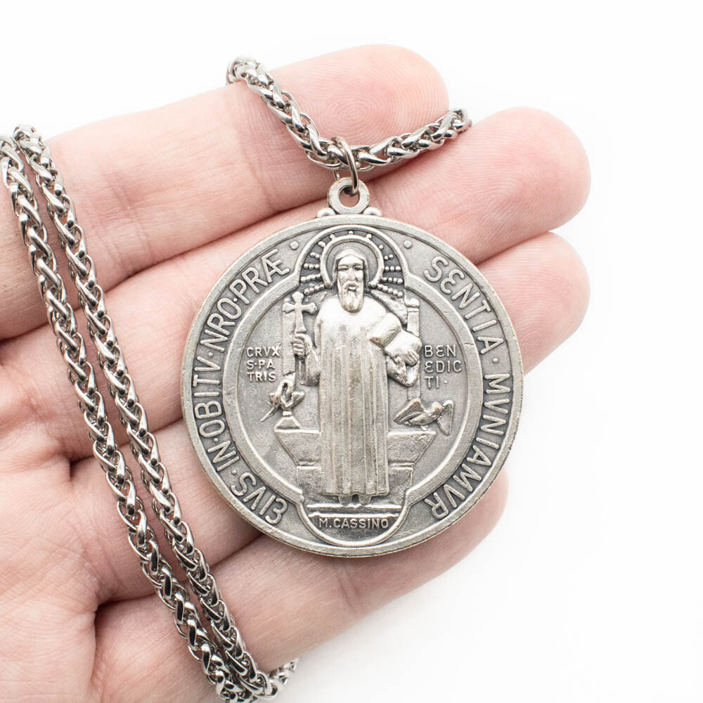 Extra Large 2″ Saint St Benedict Medal Italy Pendant Necklace w 24″ Spiga Chain