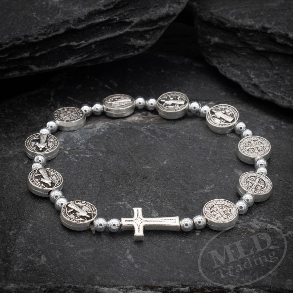 Silver Saint St Benedict Medal Cross Rosary Bracelet Pulsera De San Benito
