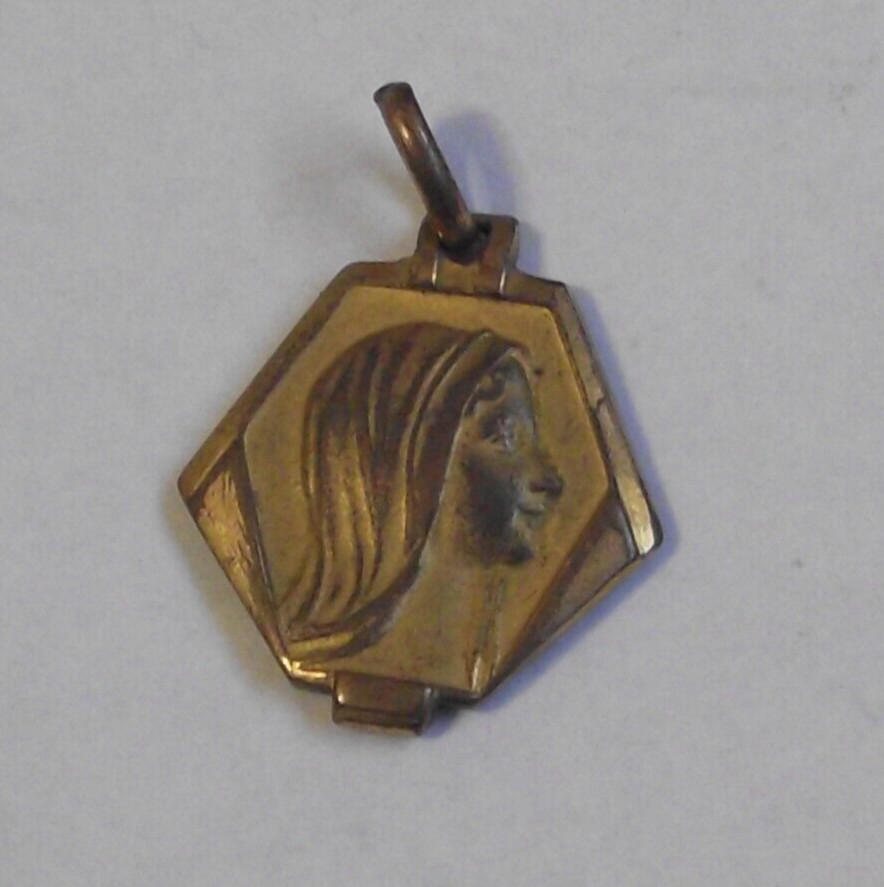 Vtg brass gold tone art deco ornate Our Lady of Lourdes pendant medal charm