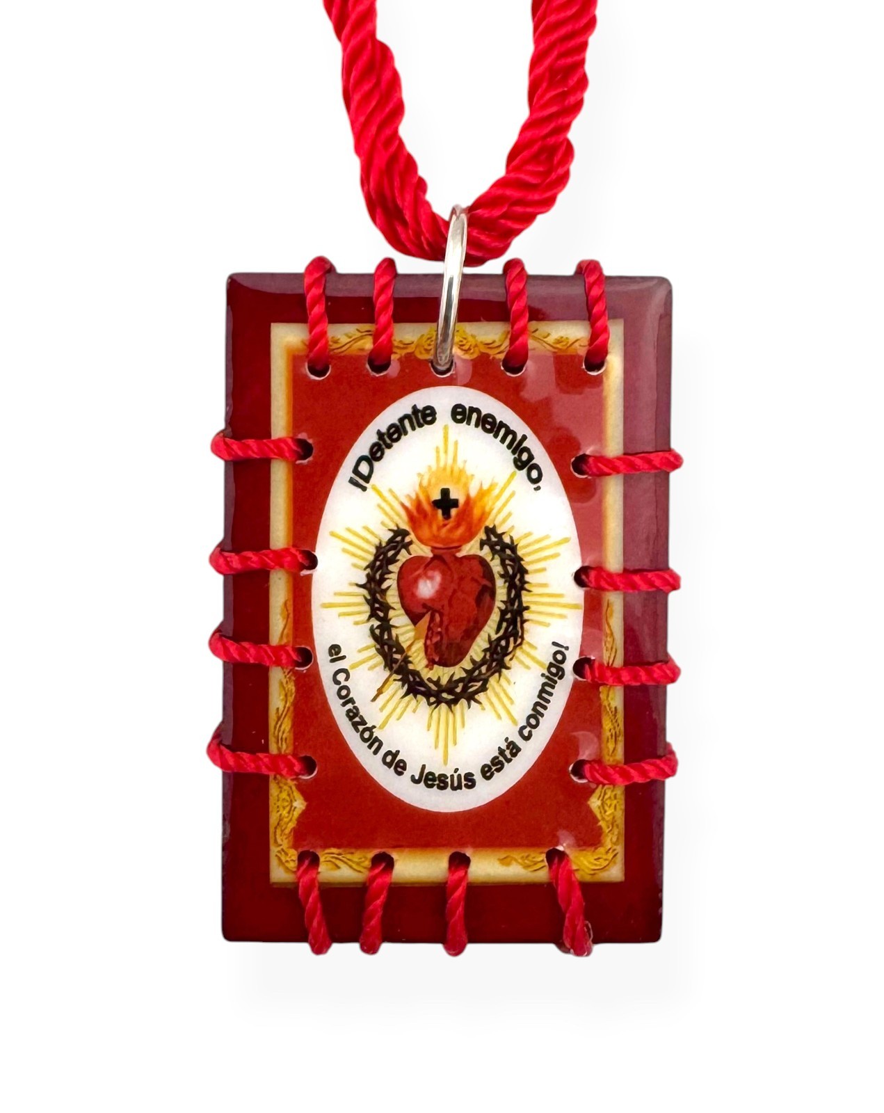 Detente Jesus Esta Conmigo Sagrado Corazon de Jesus Red Wood Scapular Necklace