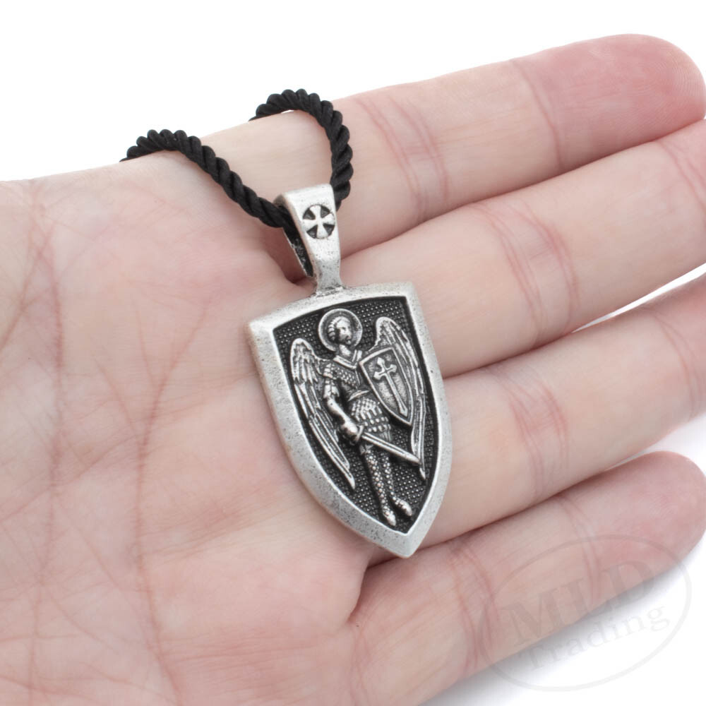 Saint St Michael Shield Medal Pendant Necklace, Antiqued Silver Zinc Alloy
