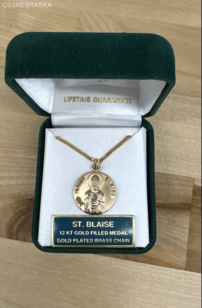 Jeweled Cross St Blaise 14K Gold Filled Medal, Gold Plated Brass Chain