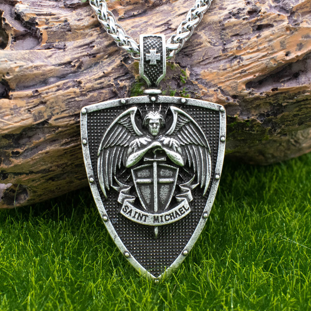 Archangel Saint St Michael Medal Shield and Sword Pendant Necklace w 24″ Chain