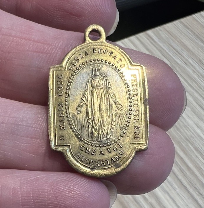 Antique Italian Medal Saint Pope Pius X Tenth Mary miraculous brass gold Pendant