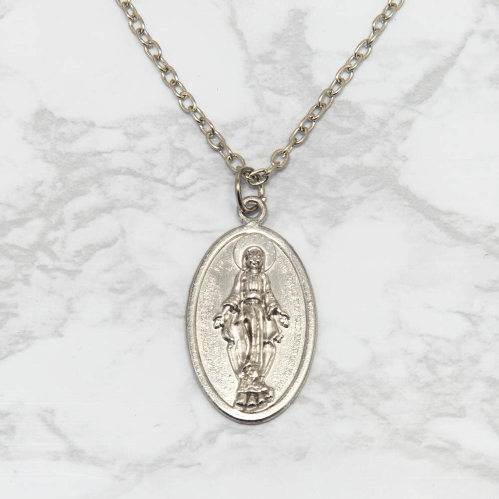 Miraculous Medal Pendant Necklace – 24″ Oval Link Chain, Zinc Alloy