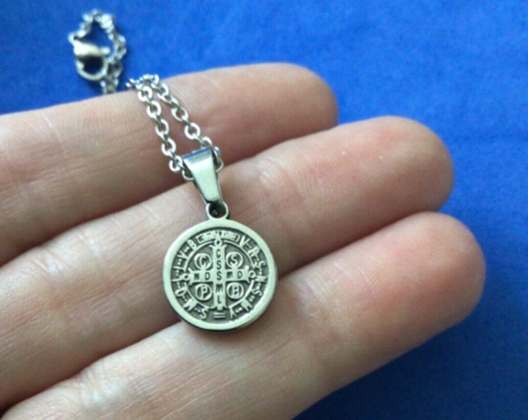 St BENEDICT Medal Protection NECKLACE Pendant Saint Medal Stainless Steel 23”