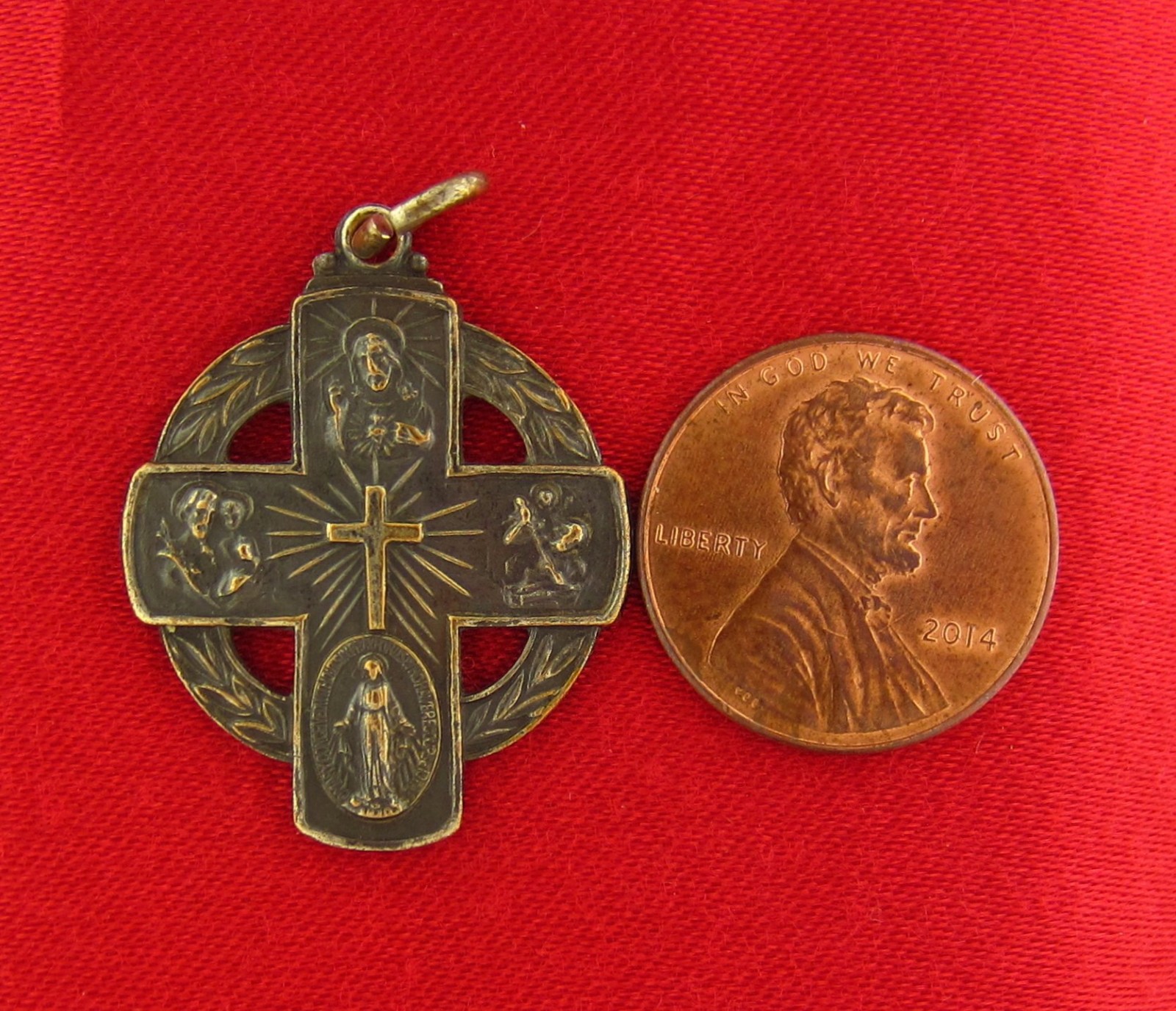 Vintage 4 WAY CROSS Medal JESUS MARY JOSEPH SAINT CHRISTOPHER Large Pendant