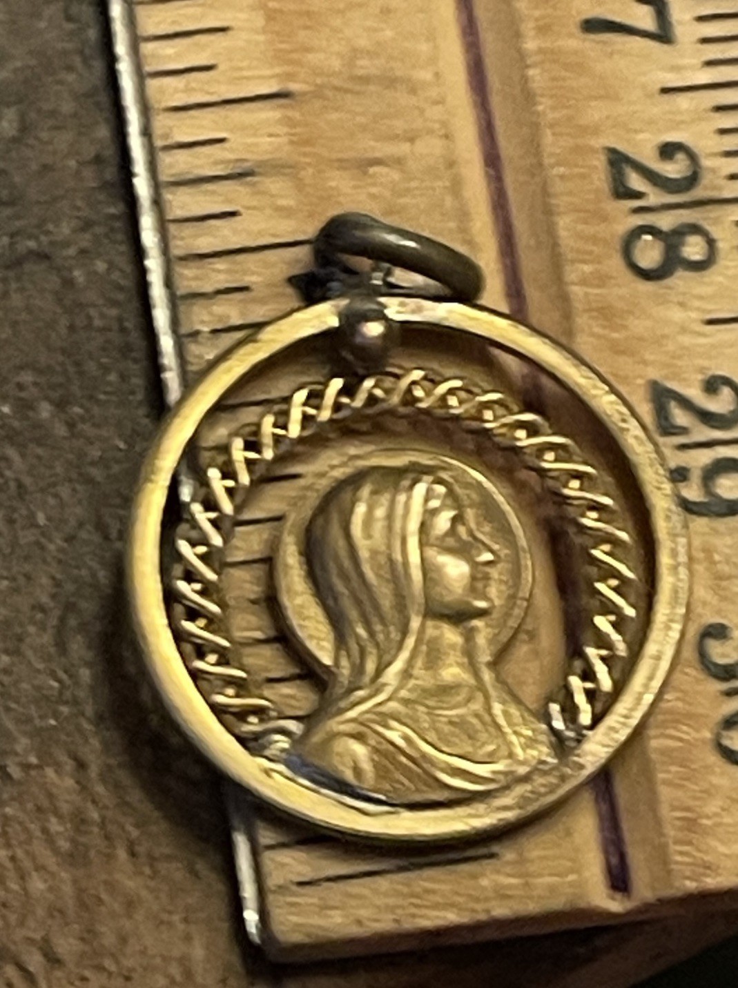 French medal Virgin Mary Retro Pendant 1” Antique Lourdes Brass Gold Unique