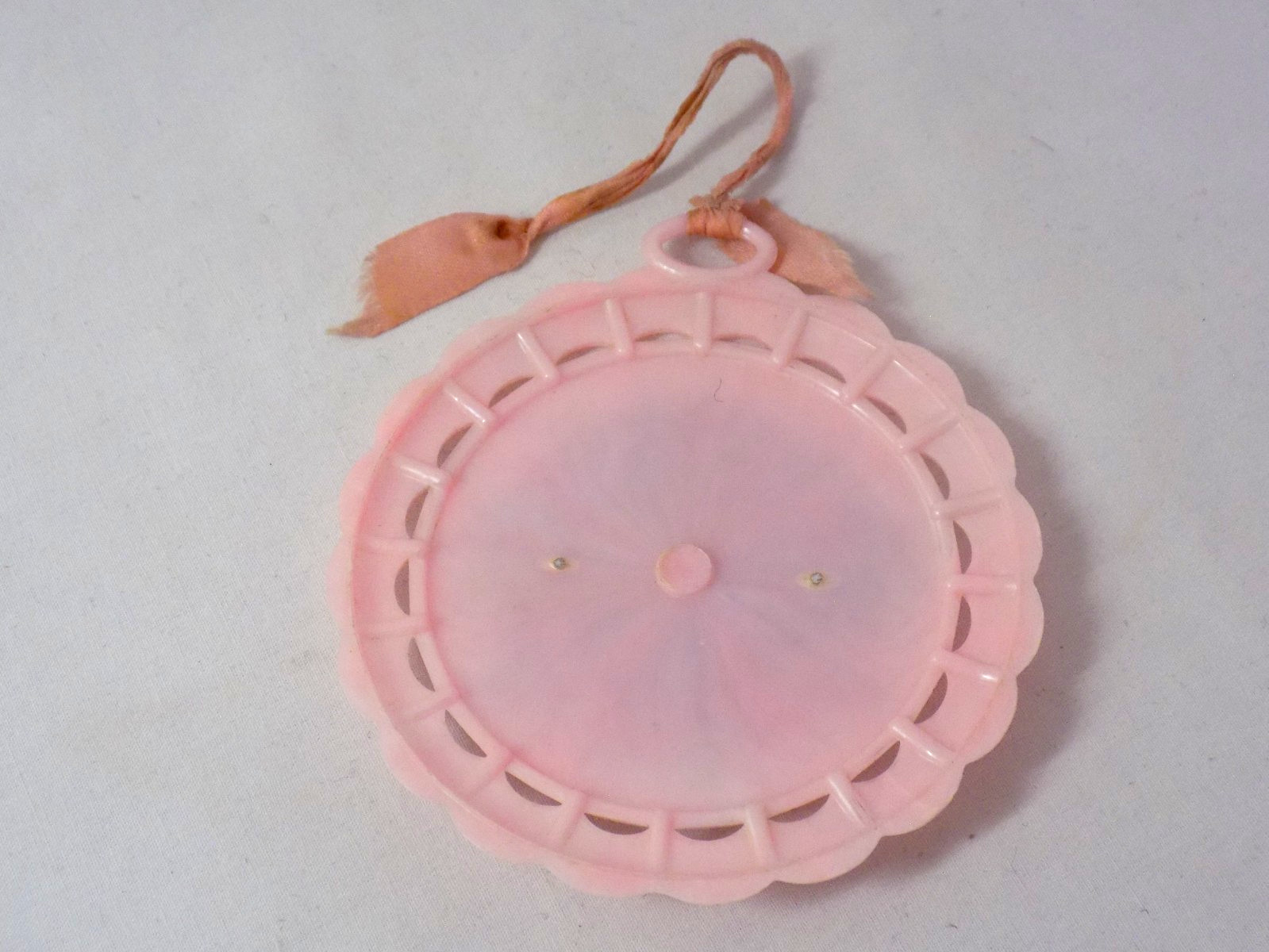 VTG 1940s-50s Pink Baby Crib Ornamant W/Silver Guardian Angel Mediallion-Italy