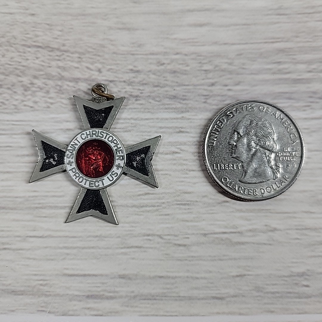 Vintage Iron Cross Red Enamel St Christopher Protect Us Surfer Medal Japan