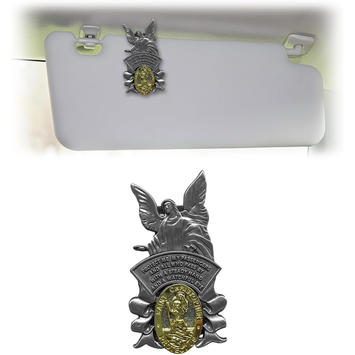 St Christopher Medal for Car Visor Clip, Guardian Angel 1PC, Silver&gold