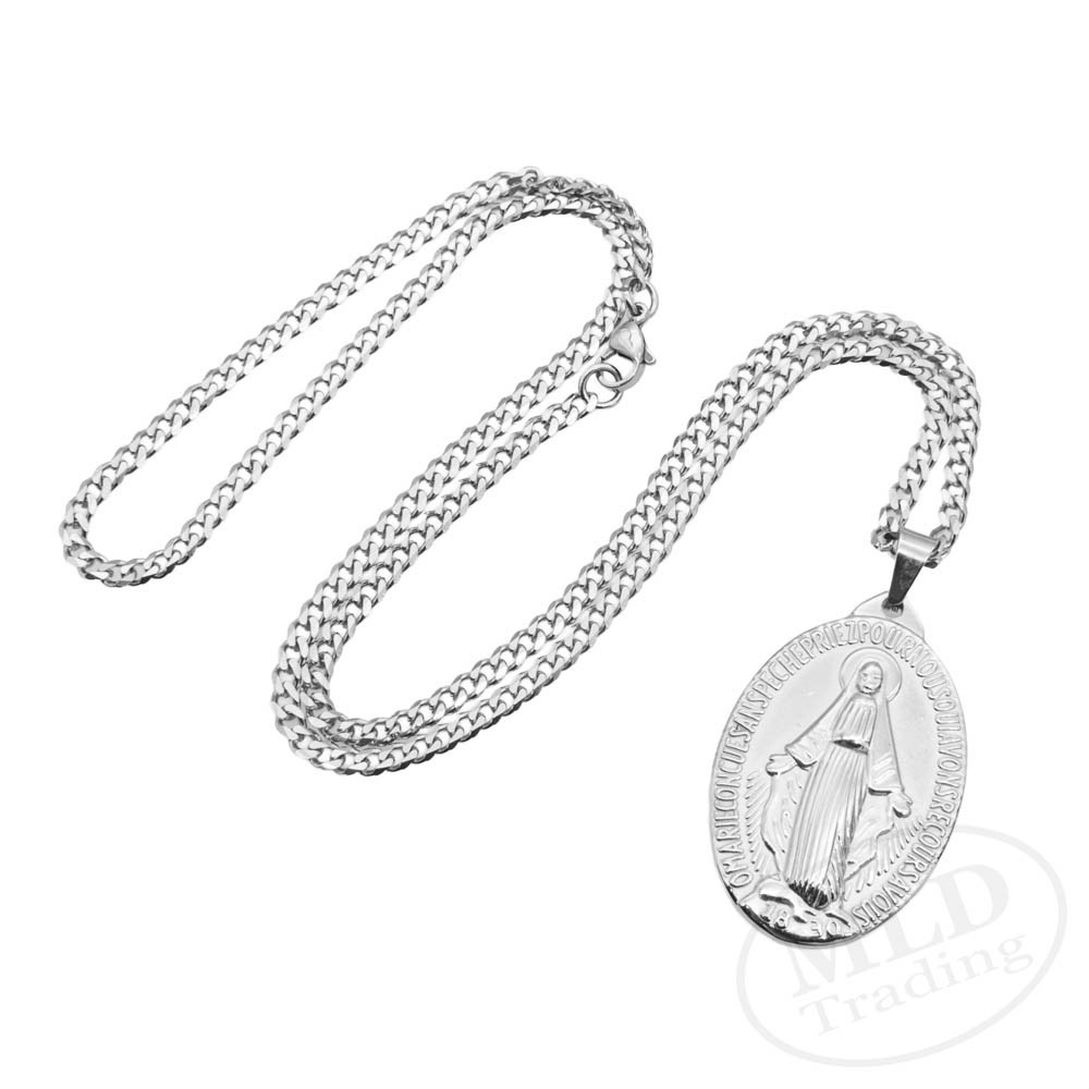 Stainless Steel St Mary Miraculous Medal Pendant Necklace – 1-3/4″, 24” Chain