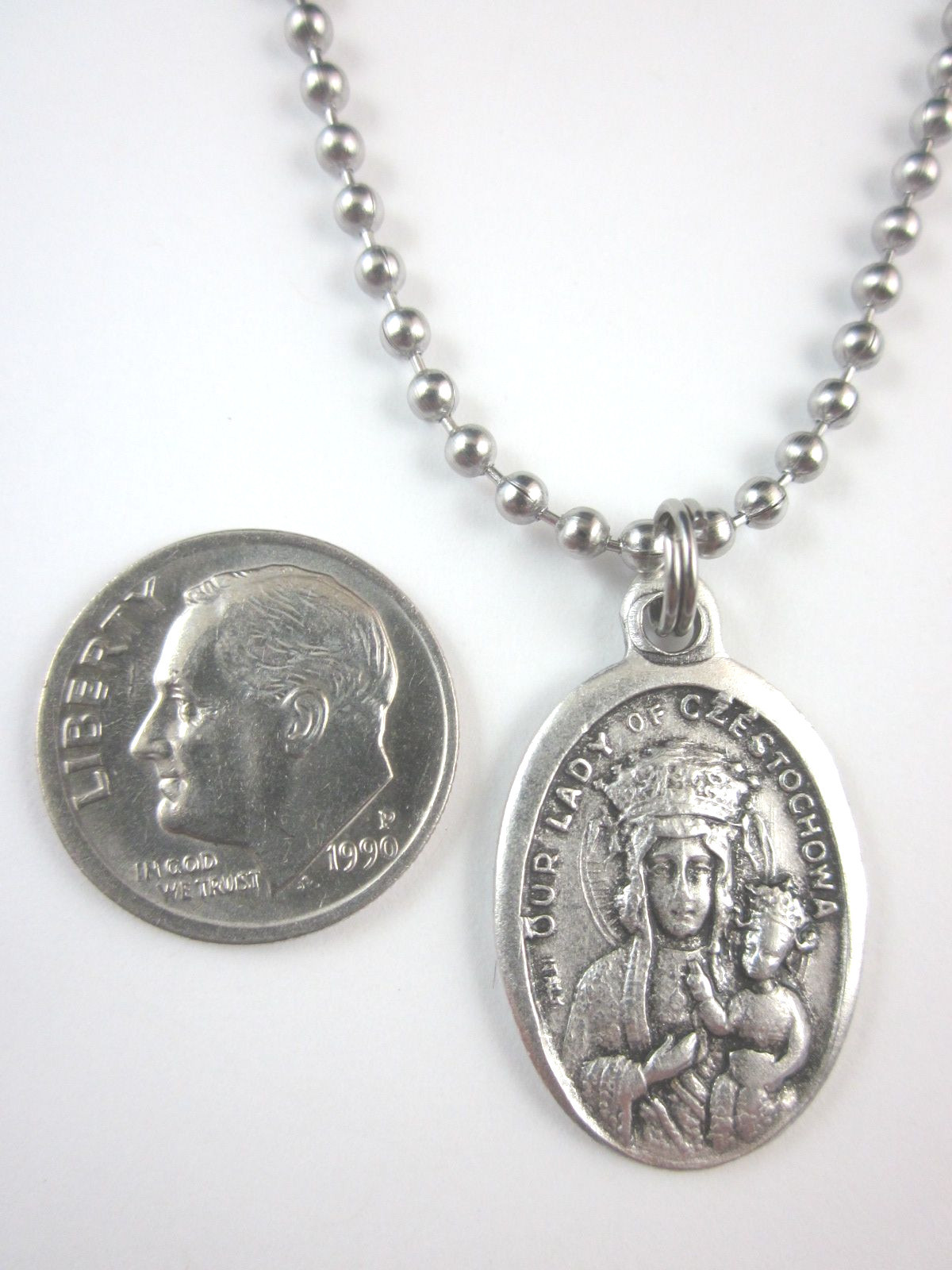 Our Lady of Czestochowa Medal Italy Necklace 24″ Ball Chain Gift Box Prayer Card