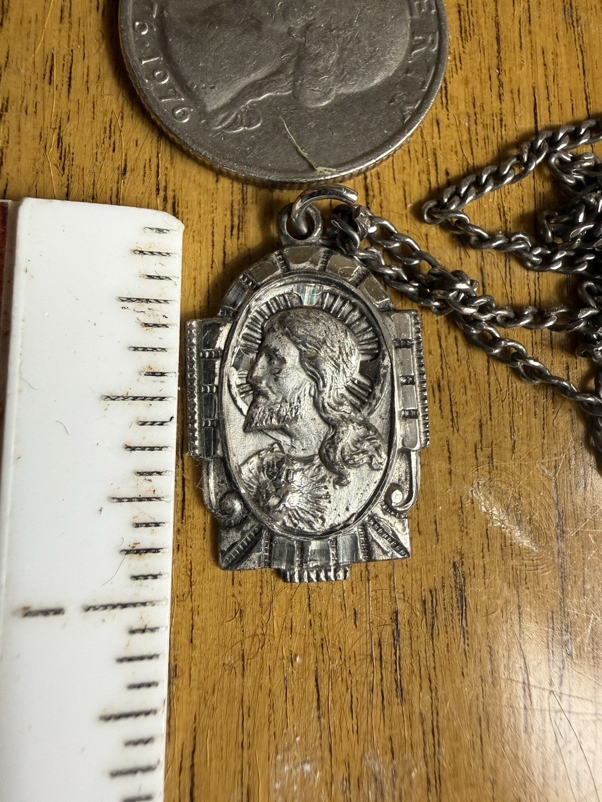 Vintage AFCO Sterling Silver 28” Necklace Sacred Heart of Jesus medal pendant