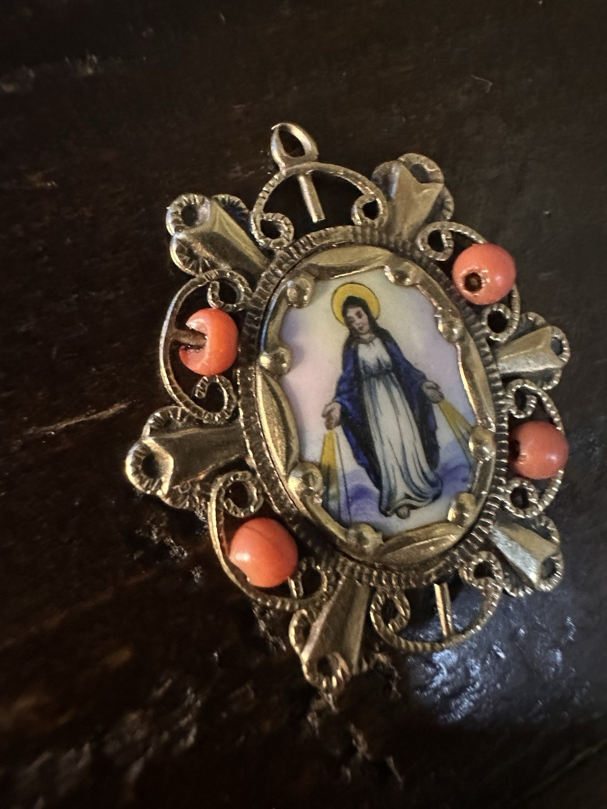 Vintage 10K Gold Miraculous Medal Pendant Enamel Religious Coral? 3g Tested