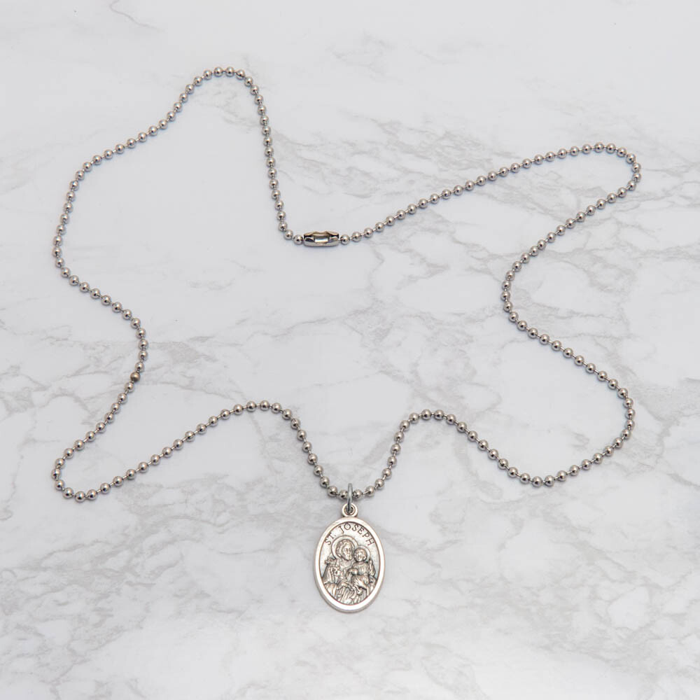 Patron Saint St Joseph Pray For Us 1″ Medal Pendant Necklace 24″ Chain Italy