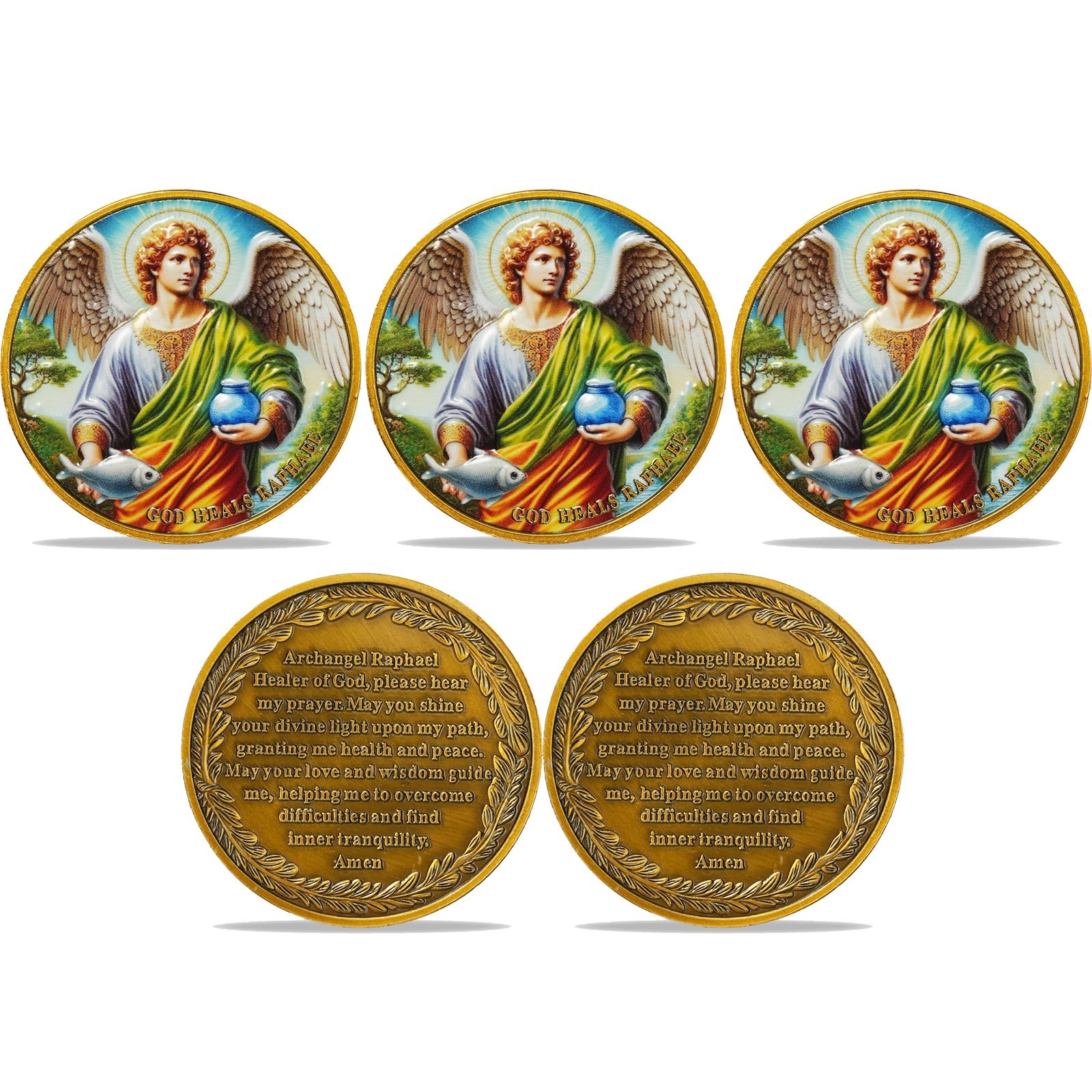 5pcs Archangel Raphael Challenge Coin – God Heals Raphael – Christian Verse Coin