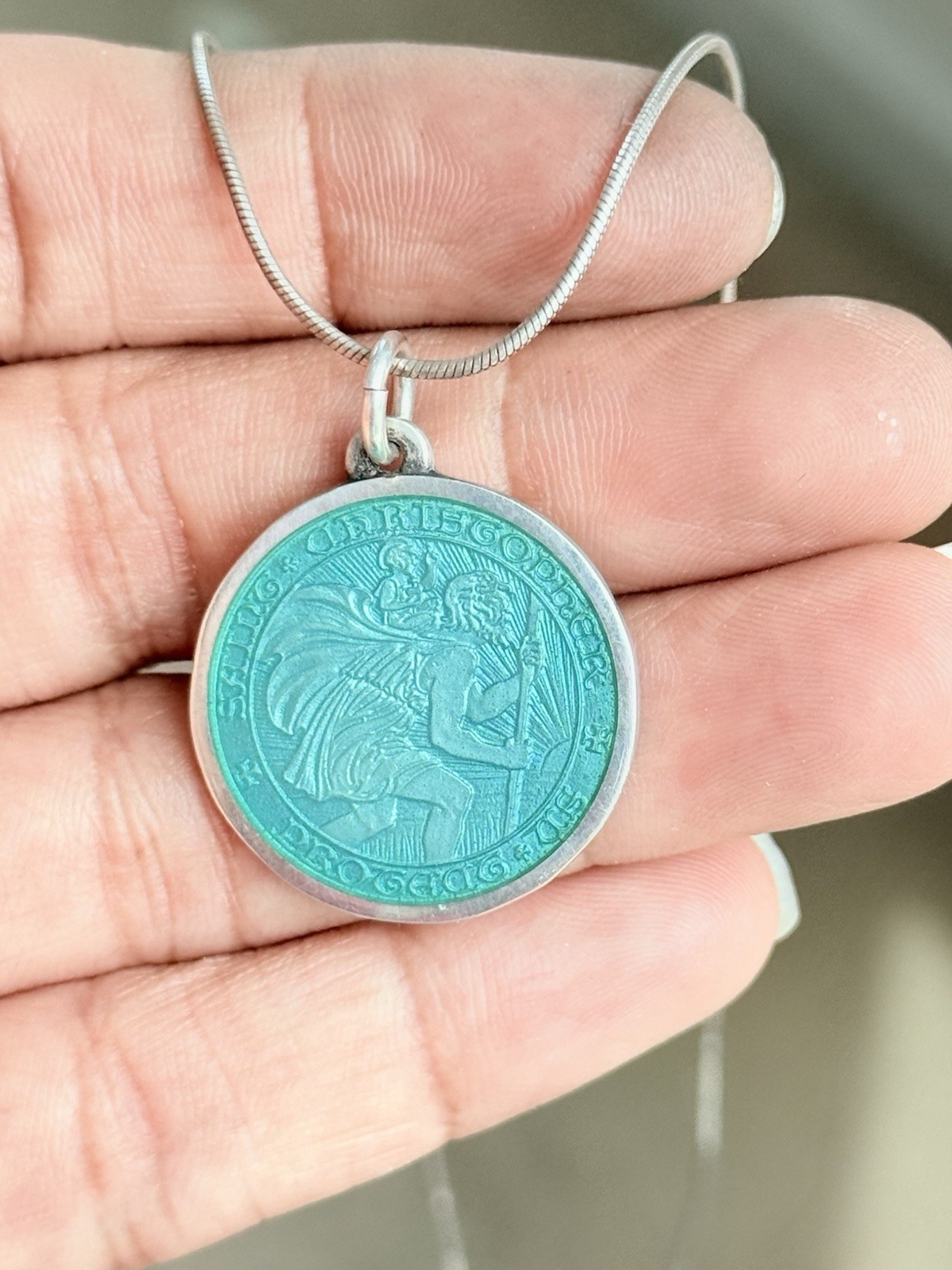 Charles Thomae St Christopher Sterling Silver Blue Enamel Medal Pendant Necklace