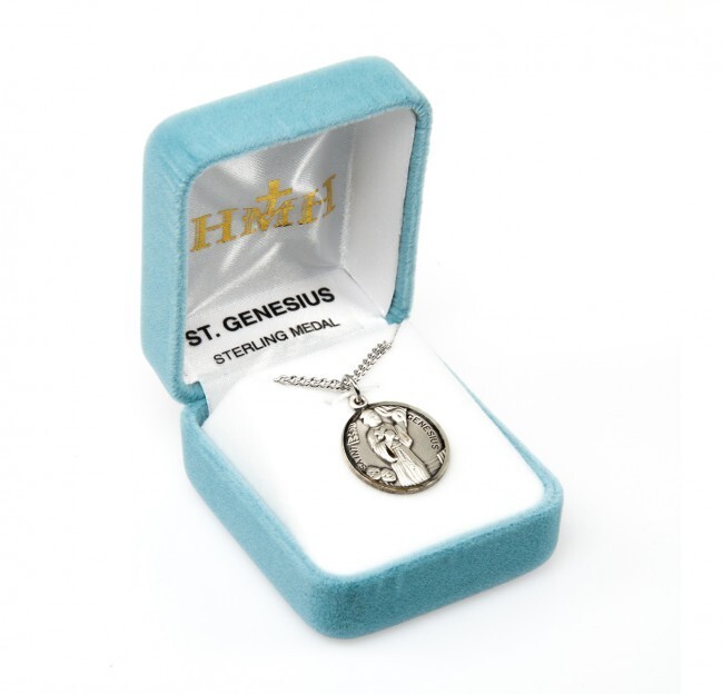 St. Genesius Sterling Silver Round 0.9″ Medal, Gift Box, 20″ Chain, US Made