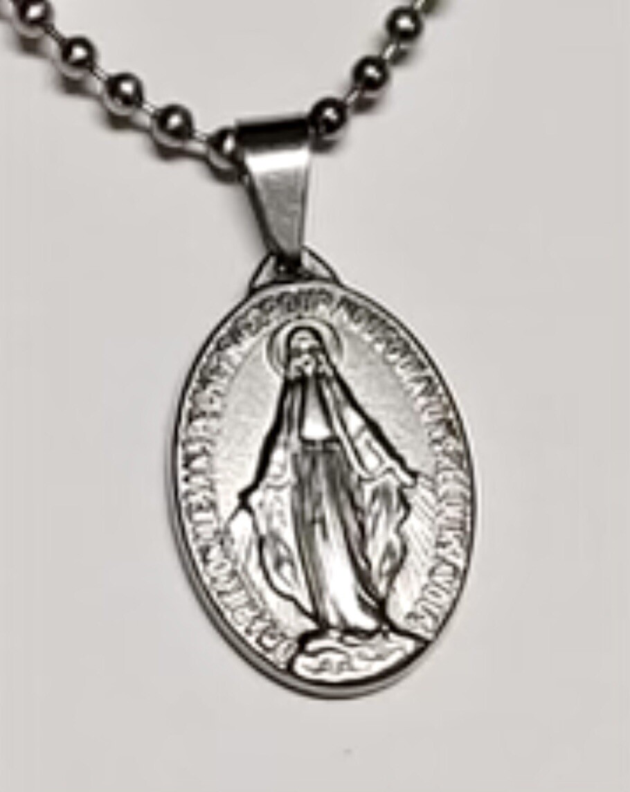 FRENCH STERLING SILVER MIRACULOUS MEDAL PENDANT W/STAINLESS STEEL 30” BALL CHAIN