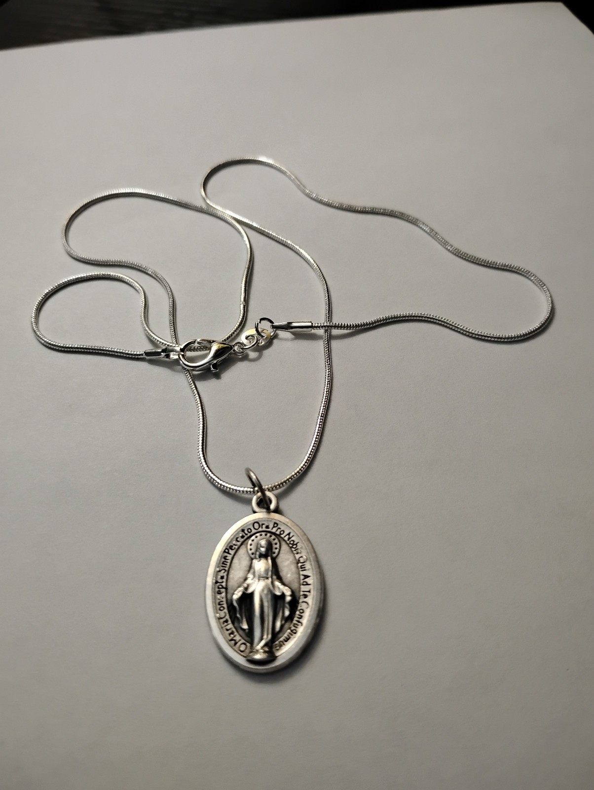 Silver Miraculous Medal Spanish Latin 925 Sterling Snake Chain Necklace + card