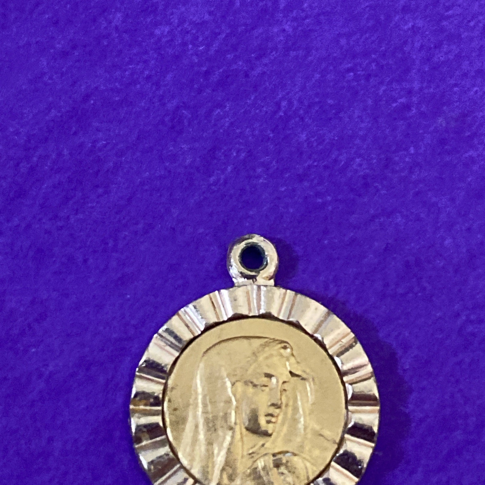 Vintage Virgin Mary Metal Charm Pendant , Gold-Toned, Roma, Christianity, 1/2”