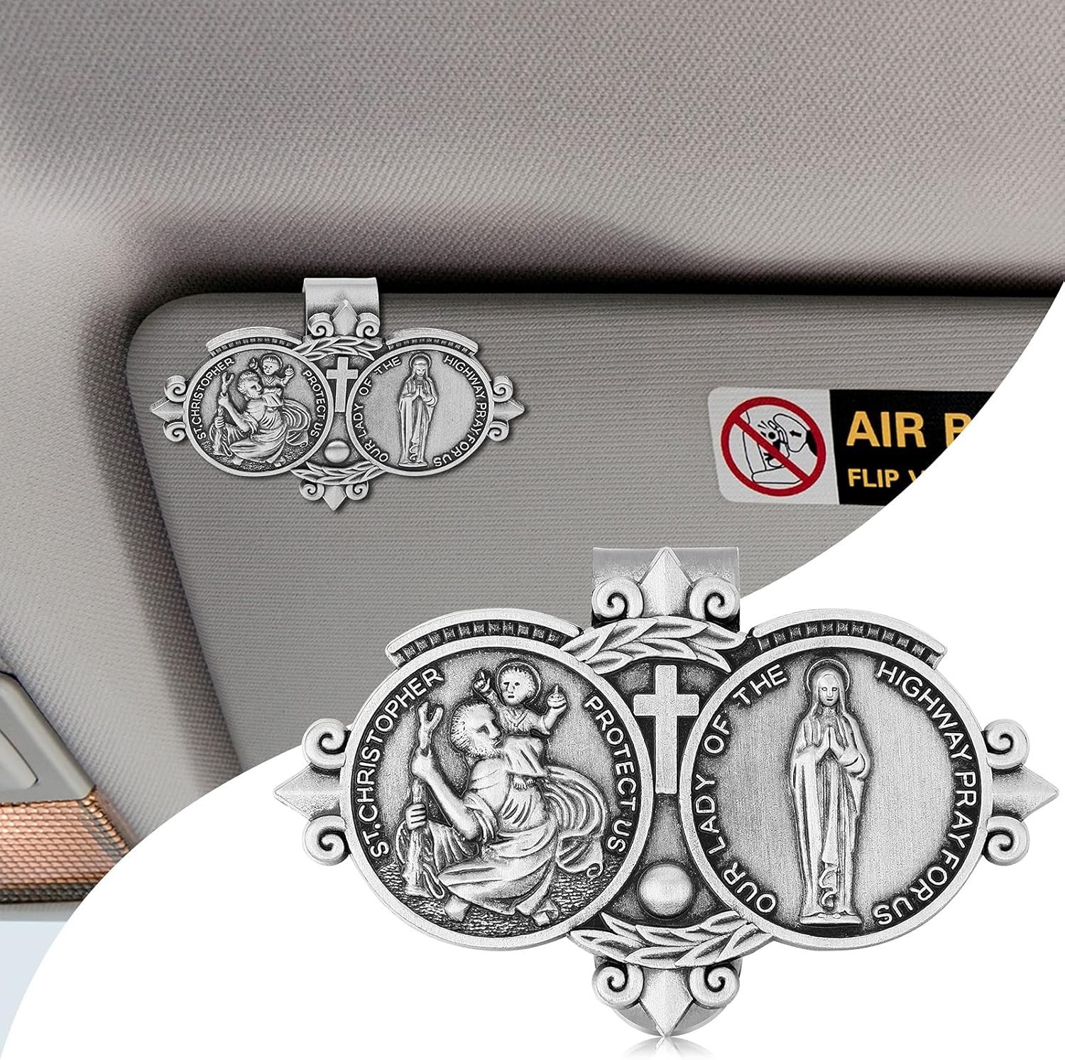 Classic Silver Visor Clips with St Christopher – Ideal for Your Car Interior