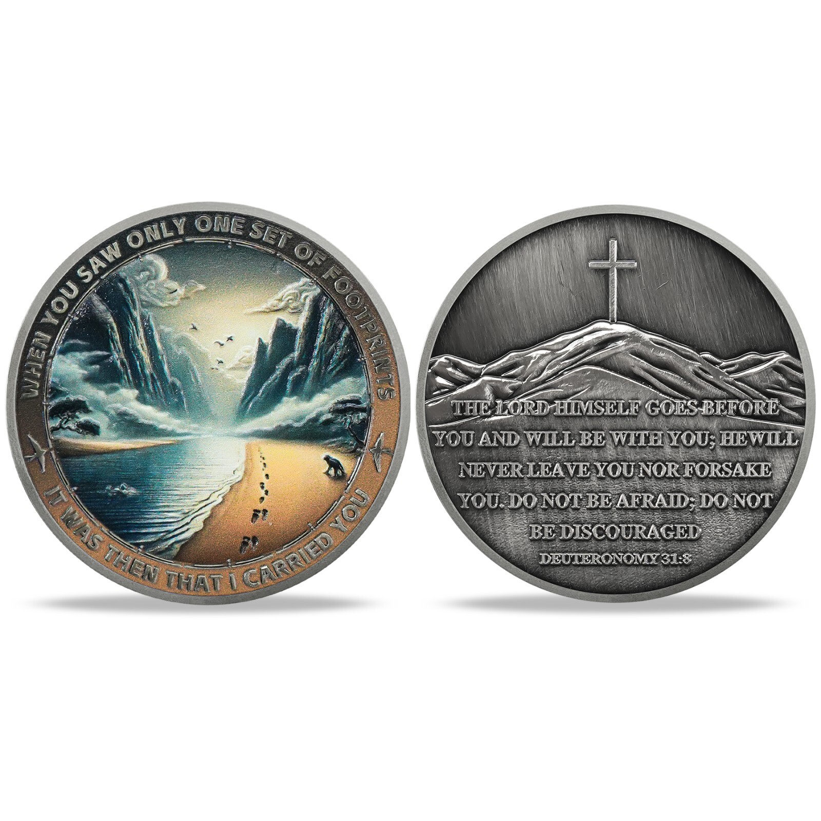 5pcs Christian Challenge Coin Footprints In The Sand Deuteronomy 31:8 Verse Coin