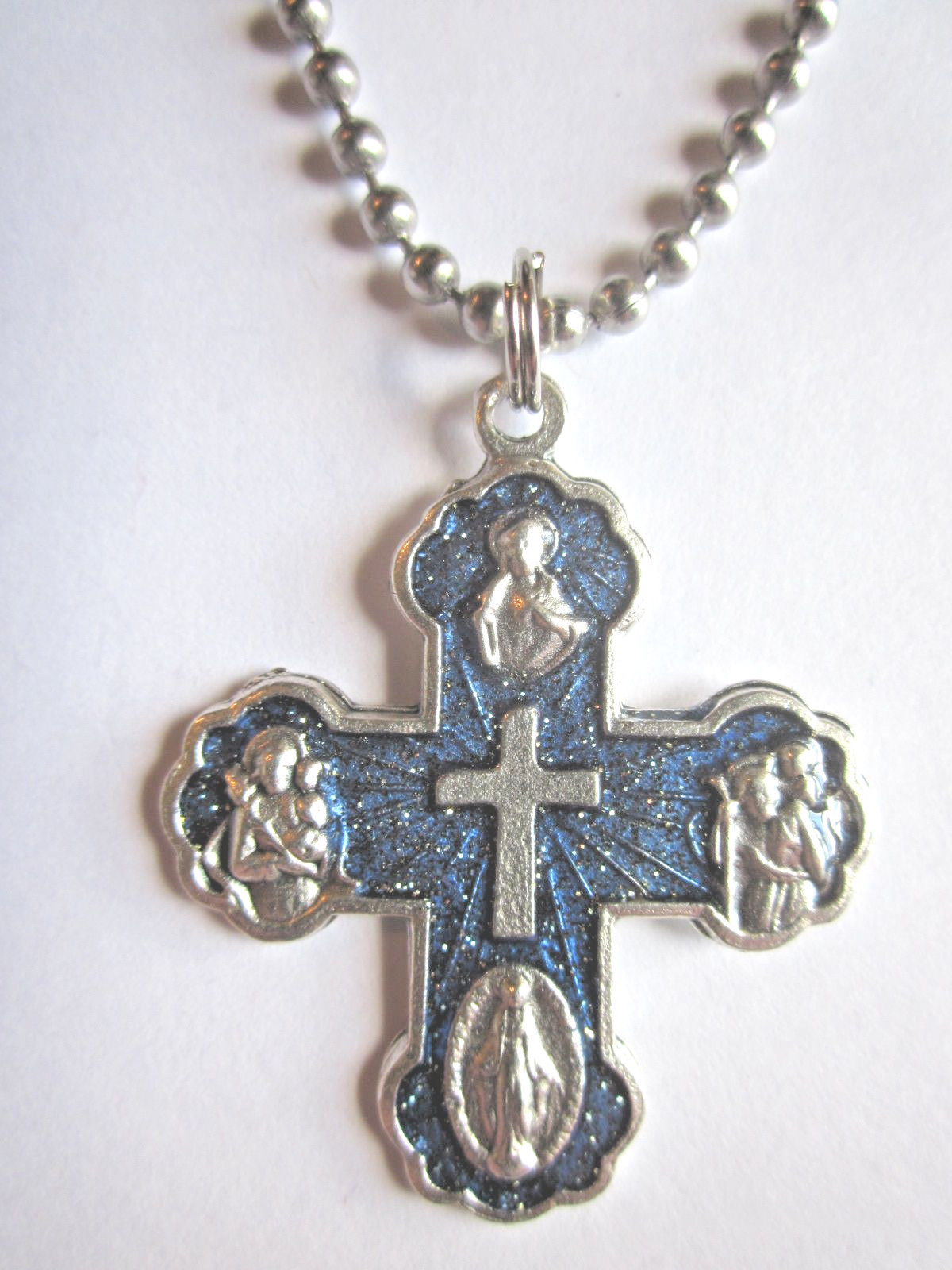 Catholic Five Way Medal Cross 1 3/8″ w Blue Enamel Italy Necklace 24″ Ball Chain
