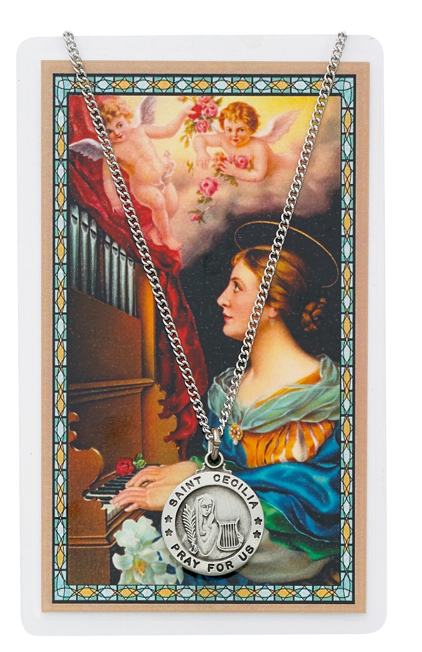 St Cecilia Prayer Pewter Medal on 18 In Chain and Laminated Holy Card Set