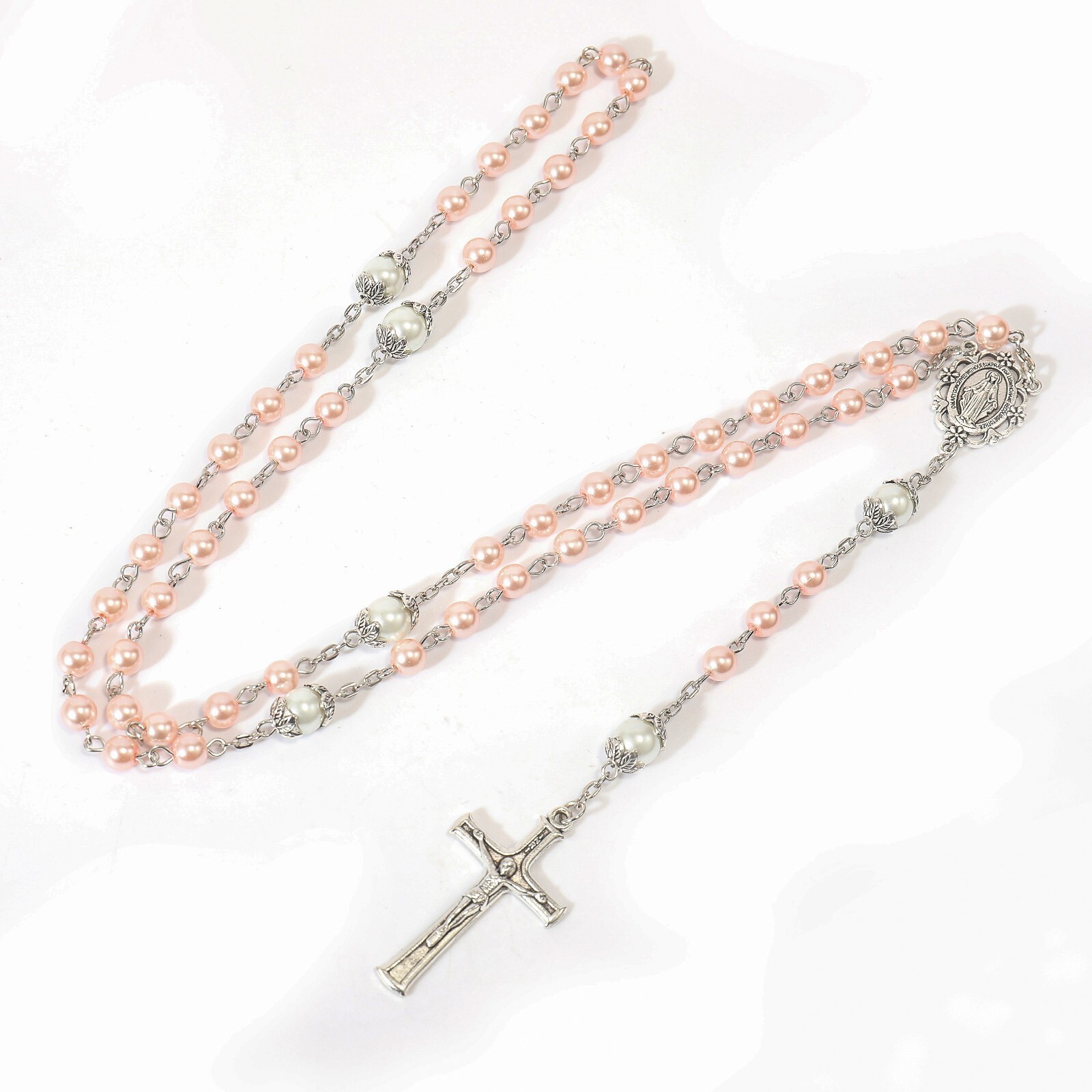 Pink Glass Pearl Beads Rosary White Our Father Beaded Necklace Lourdes Medal