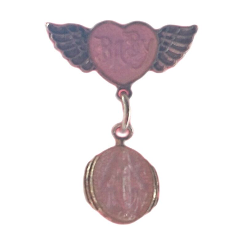 Vintage Pink Enamel Sterling Silver Miraculous Medal Baby Pin Angel Wings