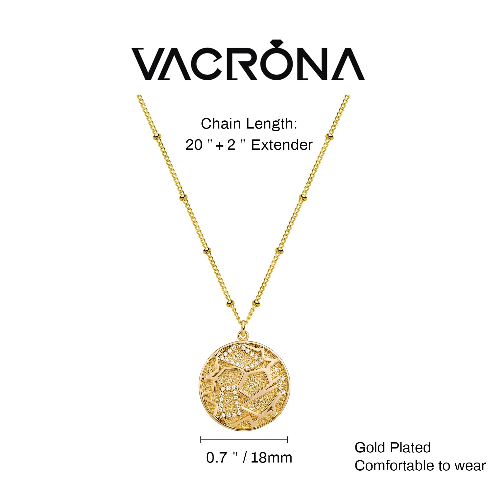 VACRONA Coin Necklace 18k Gold Plated Vintage Textured Medallion Coin Pendant Ro
