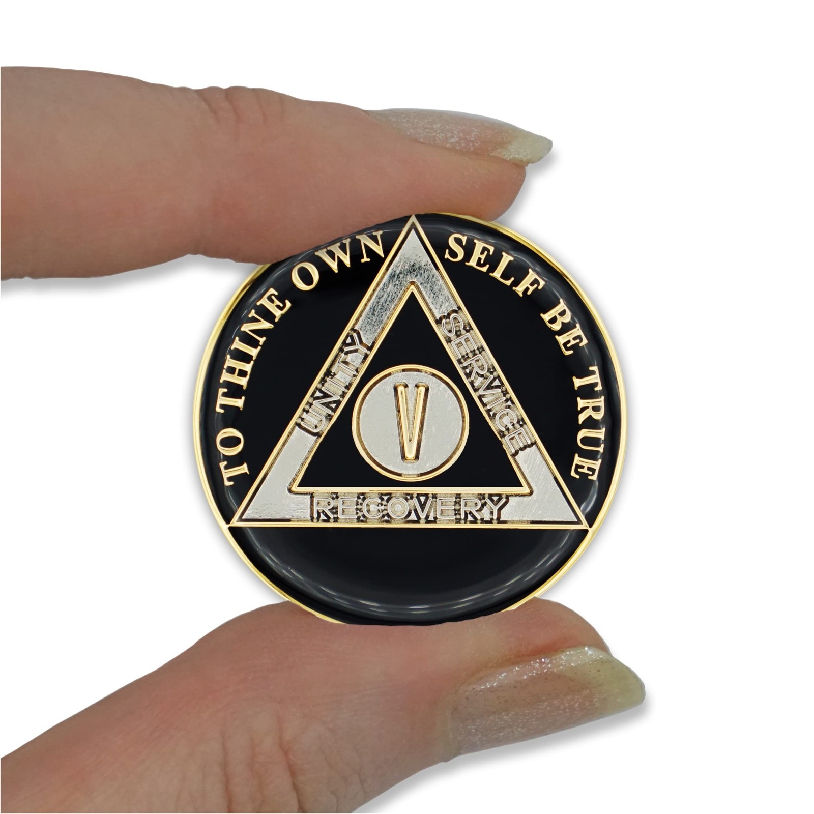 5 Year Sobriety Coin | Triplate AA Chip Recovery Anniversary Token (Black)