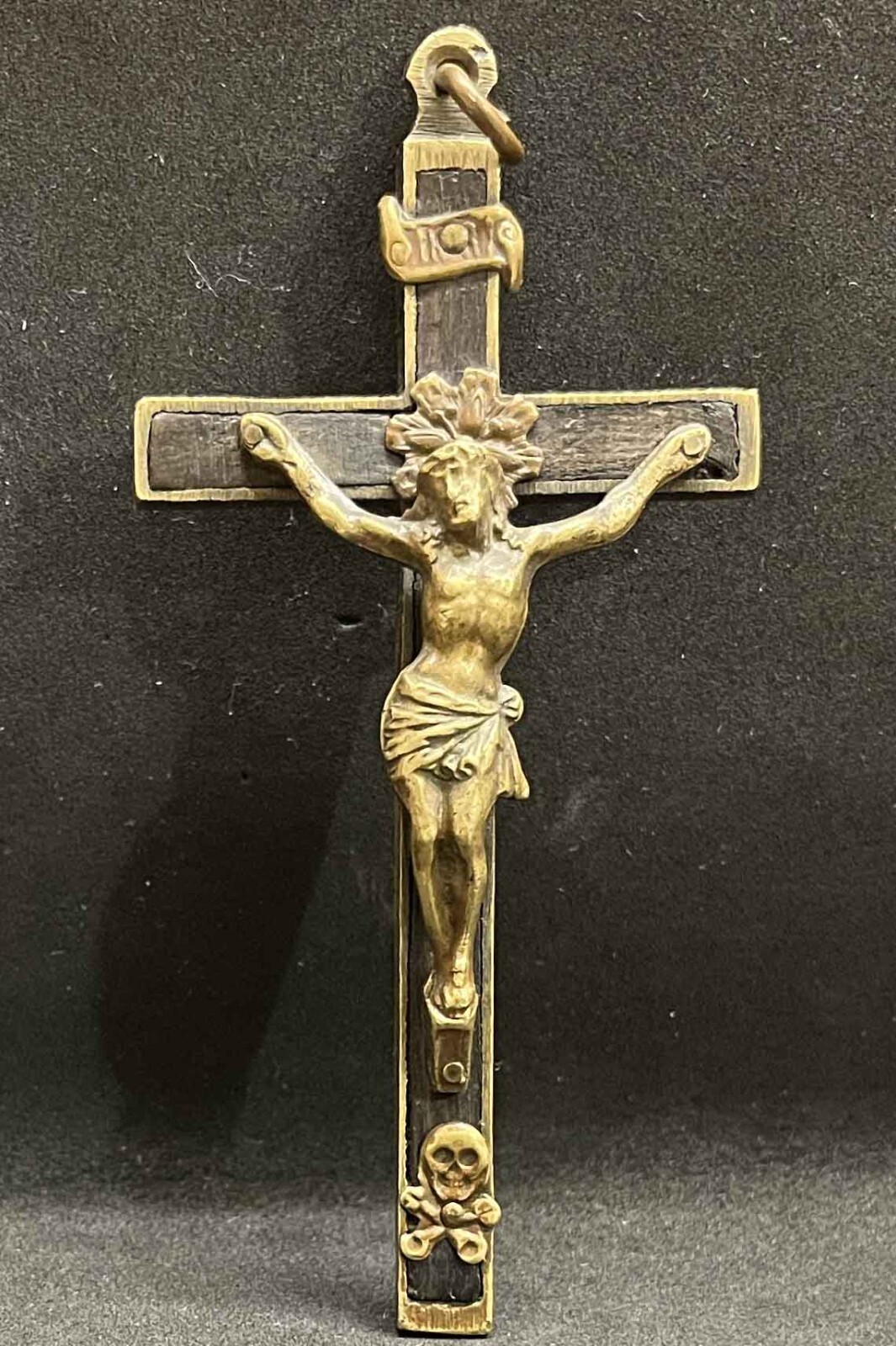 Super antique 1880´ pectoral nun cross Jesus Crucifix bronze INRI Skull & Bones
