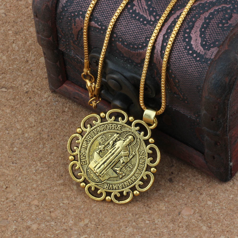 Gold Saint St Benedict Medal Filigree Border Pendant Necklace – 24″ Box Chain