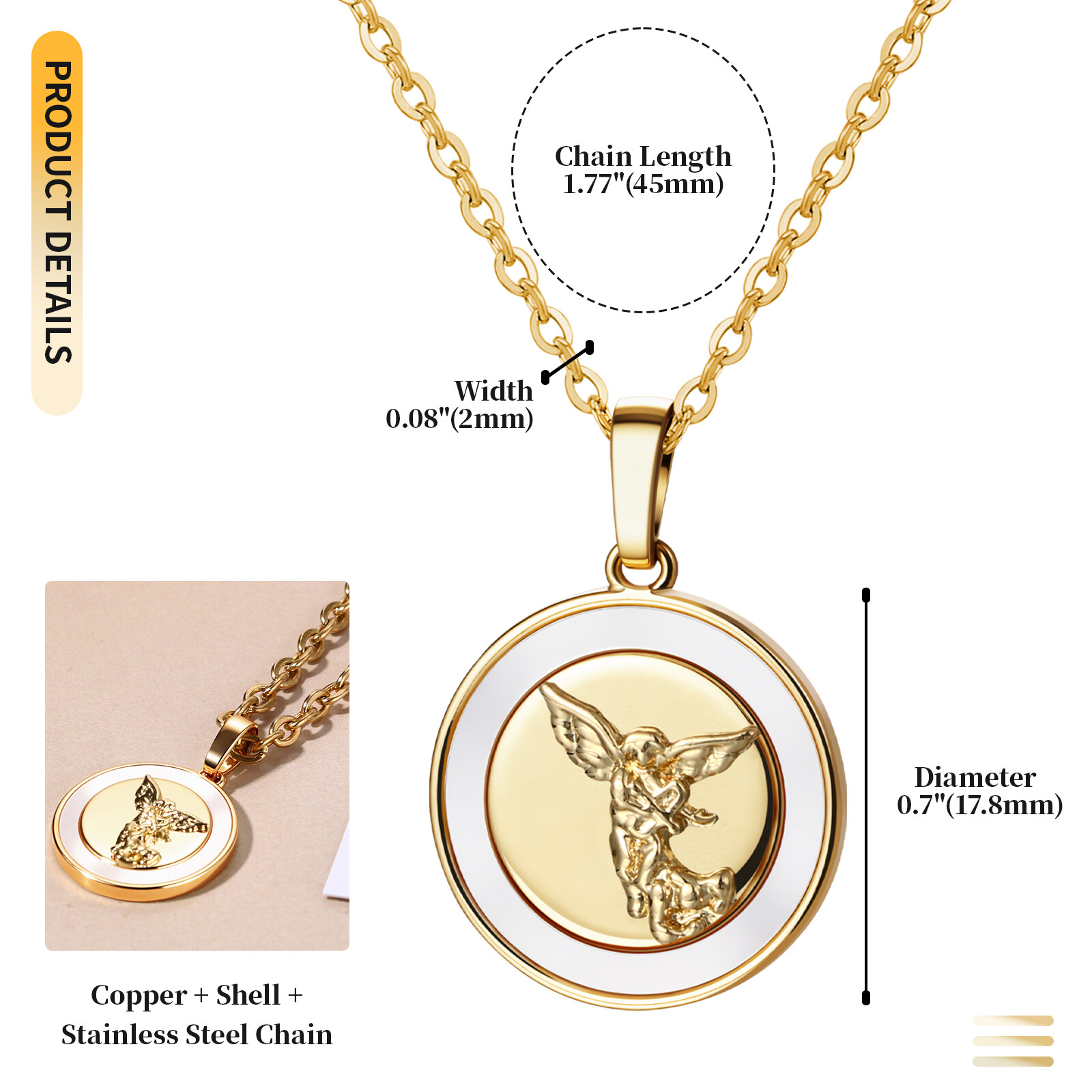 Women Gold Plated Catholic Saint St Michael Medal w Shell Inlaid Charm Necklace